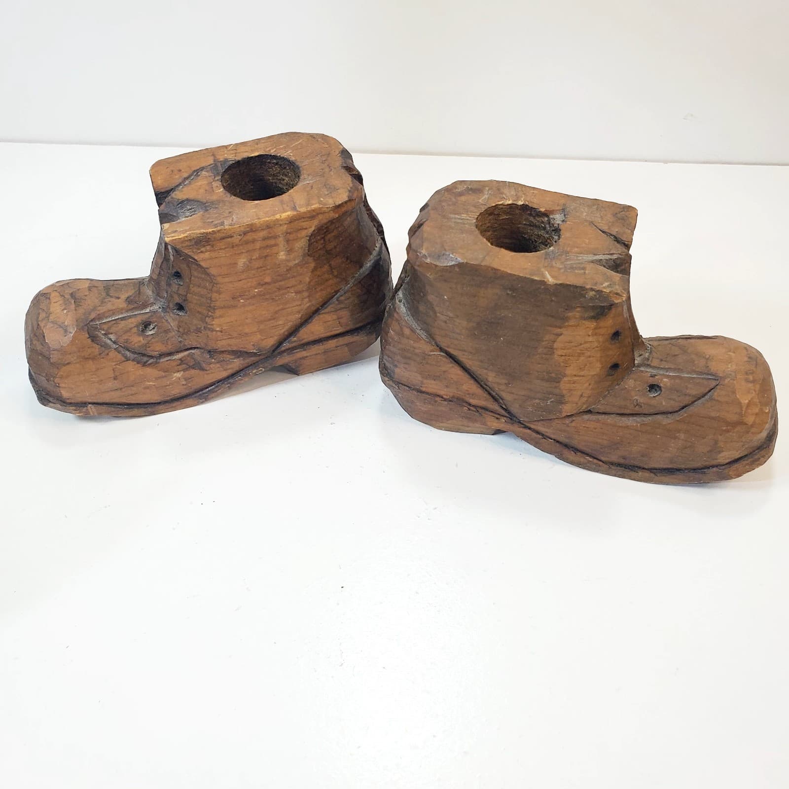 Vintage Hand Carved Wooden Folk Art Boots Shoes Taper Candle Holders - Thumbnail 6