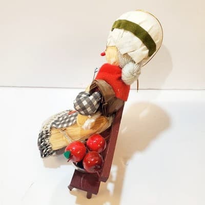 Vtg Kurt S Adler Handcrafted Corn Husk Girl on Bench w Apples Christmas Ornament - Thumbnail 2