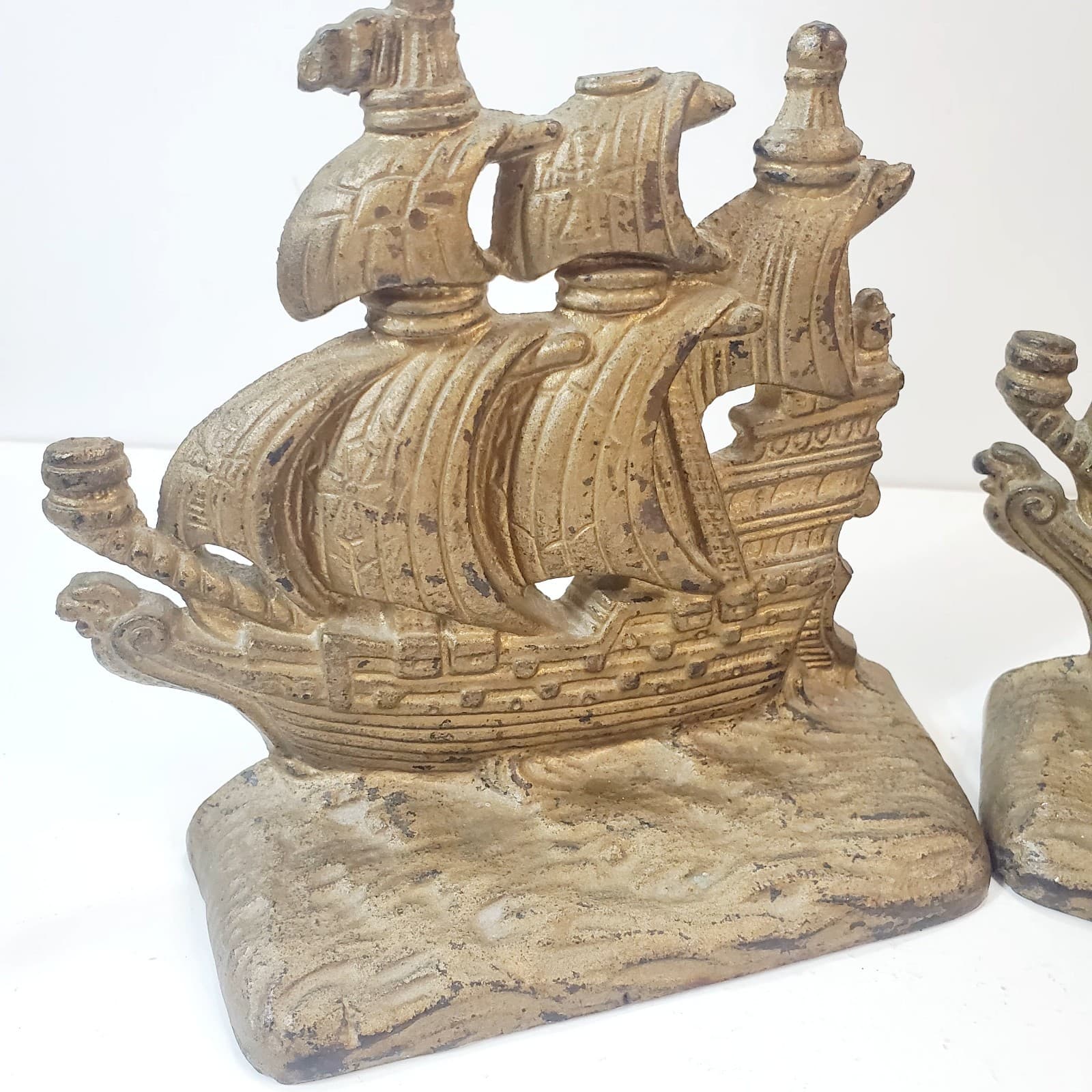 Vintage Set of 2 Cast Metal Heavy Pirate Clipper Ships Book Ends 5.5 inch Tall - Thumbnail 2