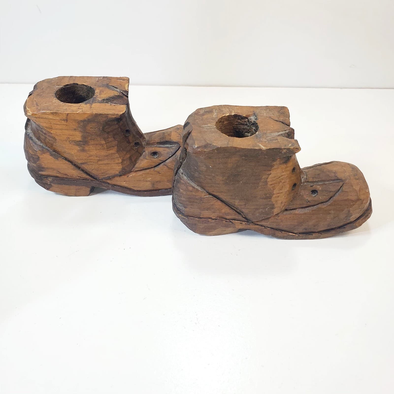 Vintage Hand Carved Wooden Folk Art Boots Shoes Taper Candle Holders - Thumbnail 8