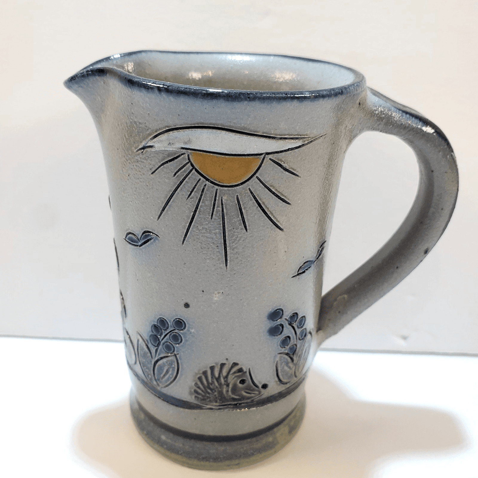 Handmade Signed Studio Pottery Creamer Small Pitcher Sun & Hedgehog Design