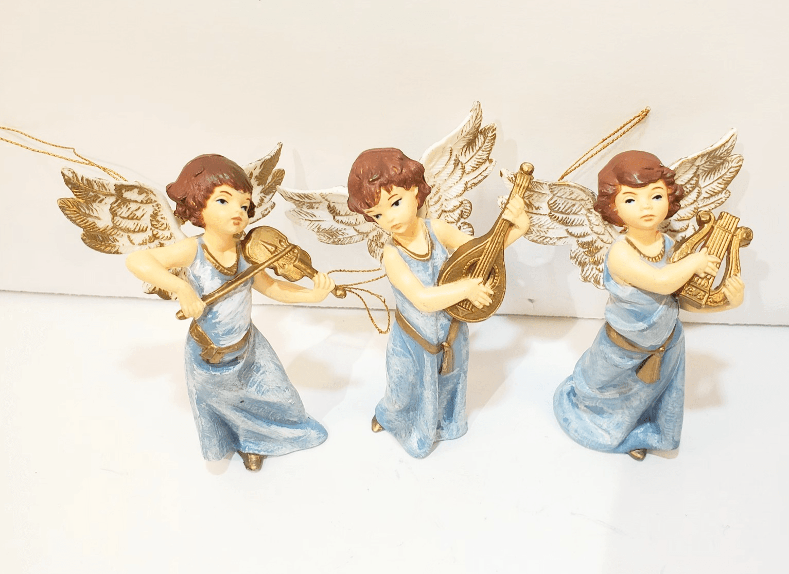 Lot of 3 Vintage Christmas Angels Blue Dress Gold Instruments Plastic Ornaments - Thumbnail 2