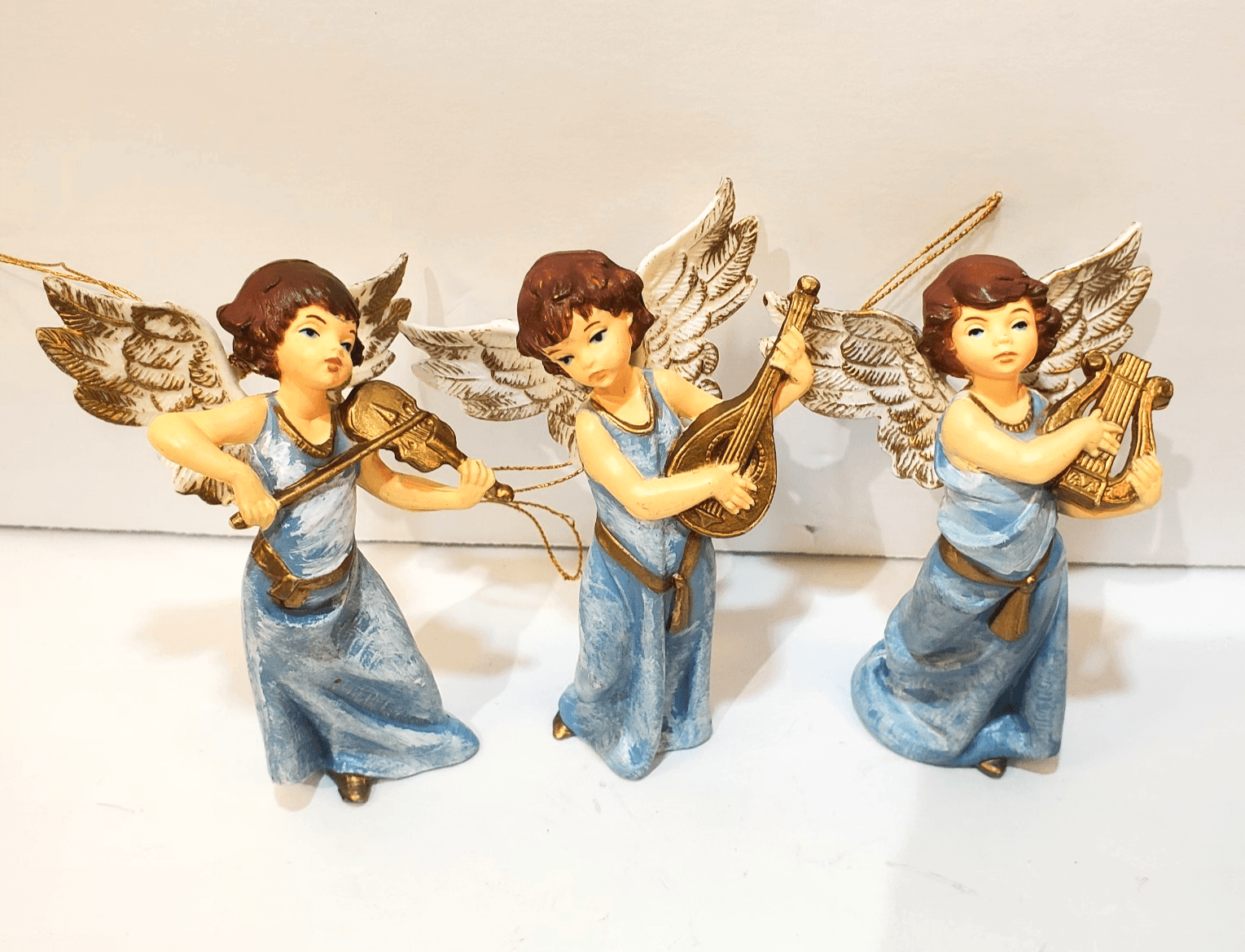 Lot of 3 Vintage Christmas Angels Blue Dress Gold Instruments Plastic Ornaments