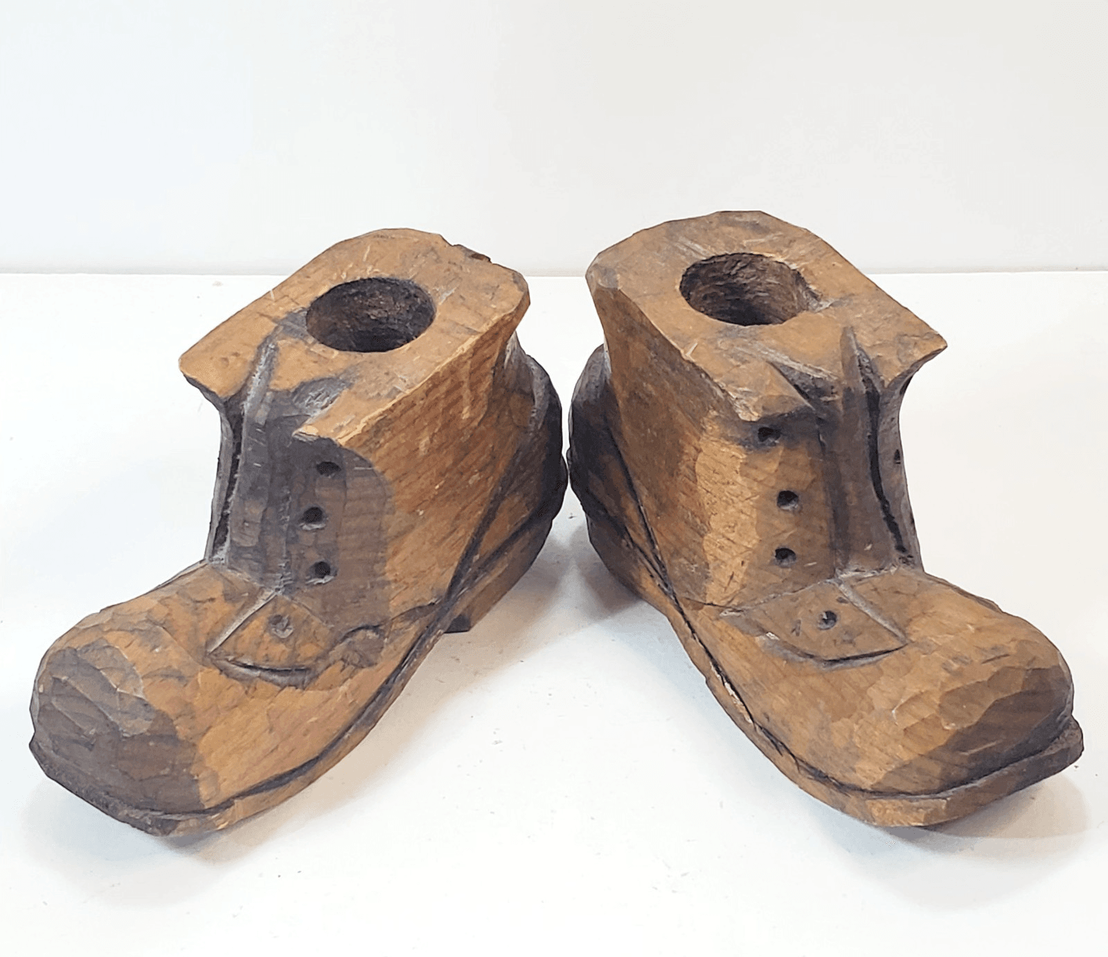 Vintage Hand Carved Wooden Folk Art Boots Shoes Taper Candle Holders