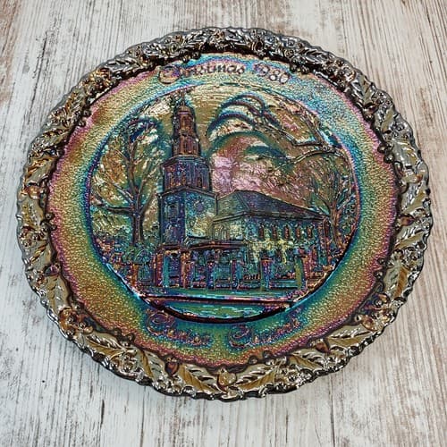 Fenton 1980 Christmas in America Carnival Glass Collector Plate No 11 Church 8"