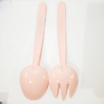 Vintage Mid-Century Pink Plastic Serving Soon And Fork Flamingo Palm Tree 10.5" - Thumbnail 5
