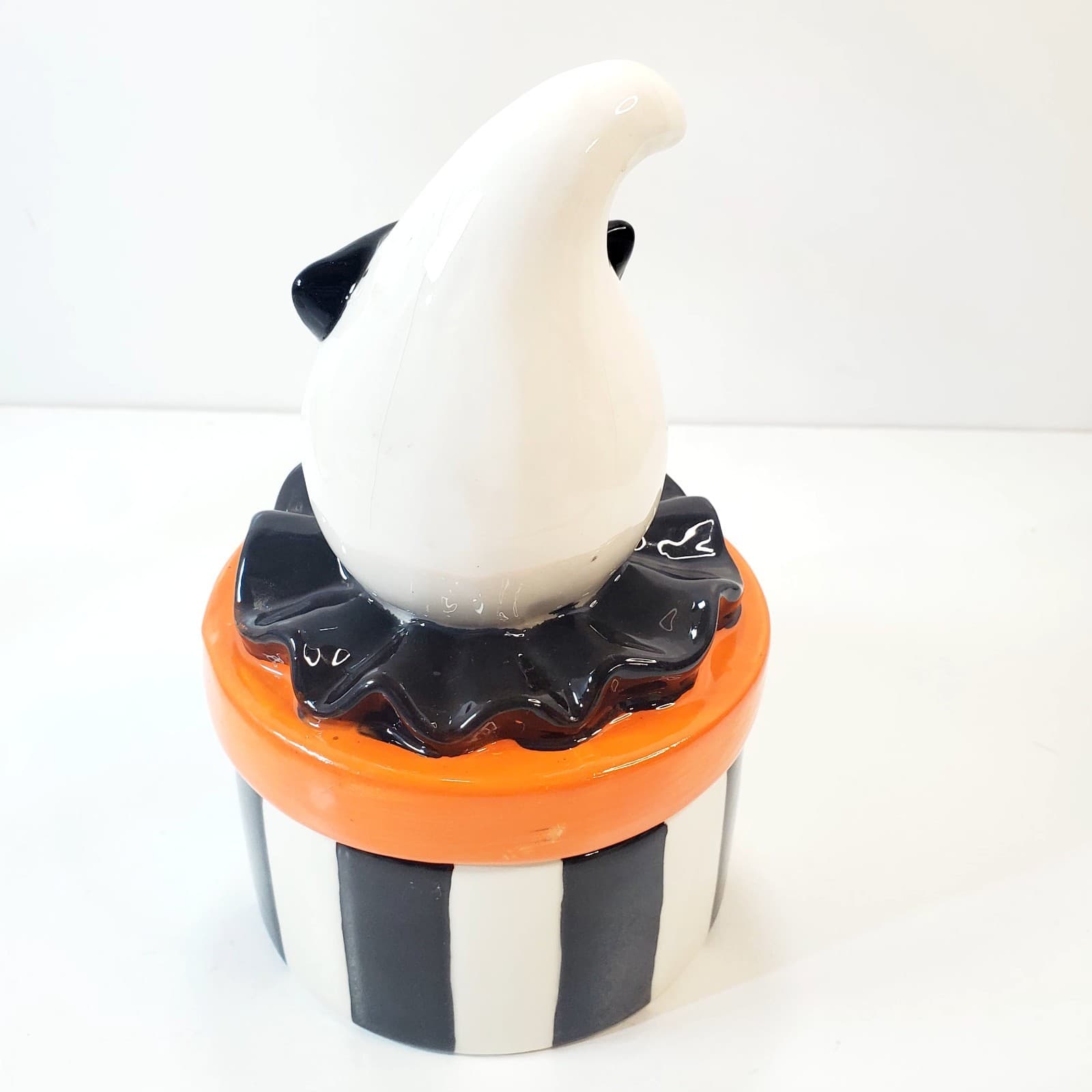 Halloween Striped Ghost with Mask Jester Ceramic Lidded Candy Dish Bowl Retro - Thumbnail 5