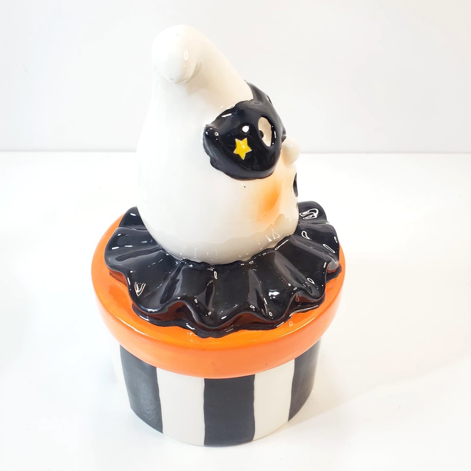 Halloween Striped Ghost with Mask Jester Ceramic Lidded Candy Dish Bowl Retro - Thumbnail 2