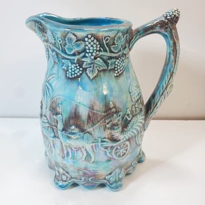 Vtg Signed Ceramic Turquoise Footed Pitcher Jug Raised Grapevine Camel Carriage