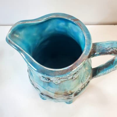 Vtg Signed Ceramic Turquoise Footed Pitcher Jug Raised Grapevine Camel Carriage - Thumbnail 5
