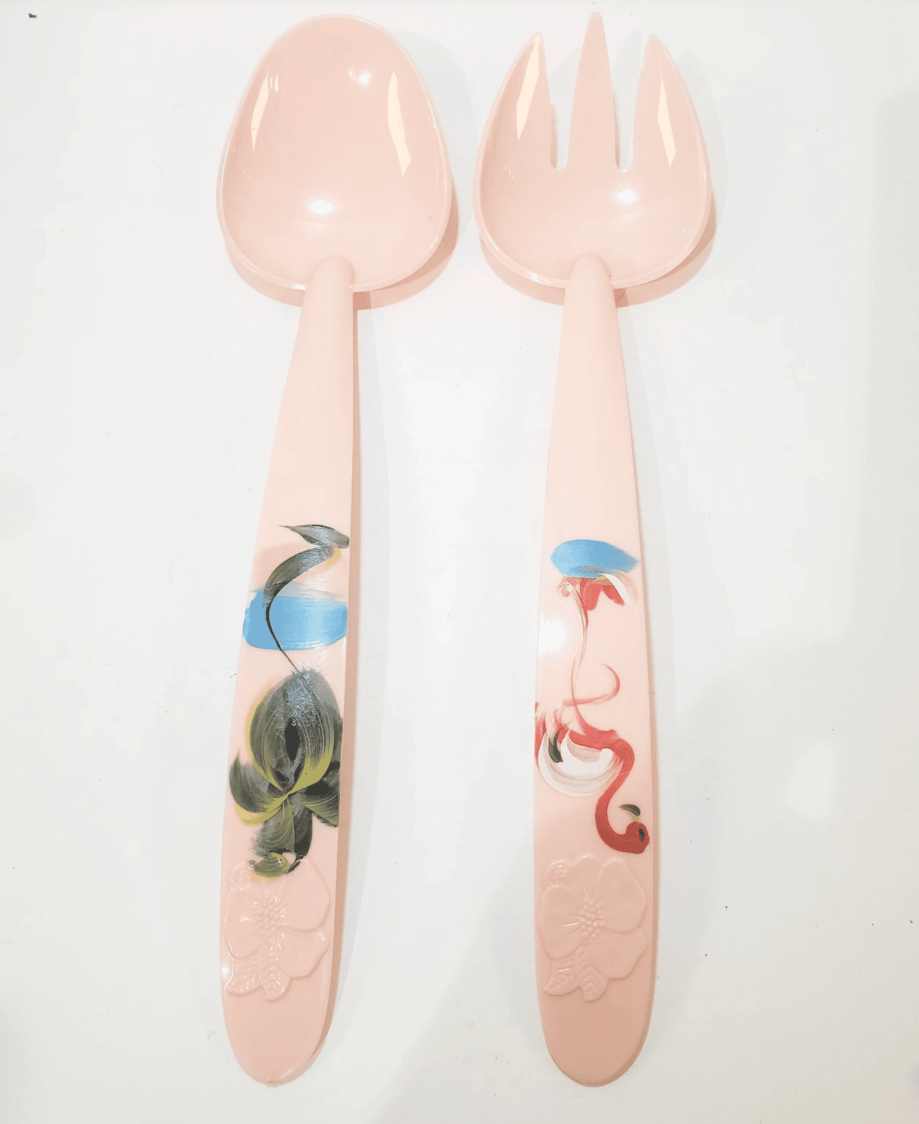 Vintage Mid-Century Pink Plastic Serving Soon And Fork Flamingo Palm Tree 10.5" - Thumbnail 2