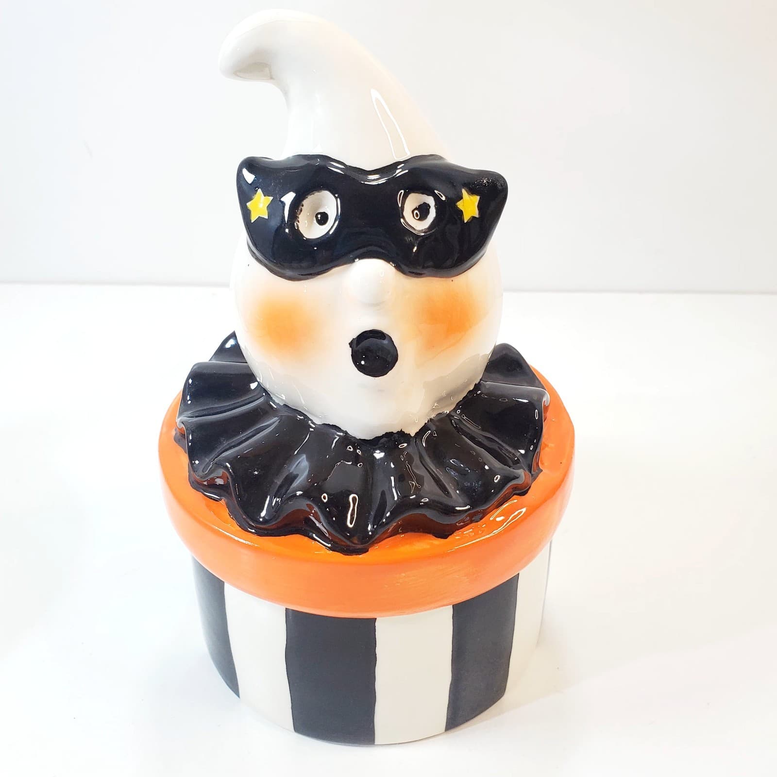 Halloween Striped Ghost with Mask Jester Ceramic Lidded Candy Dish Bowl Retro