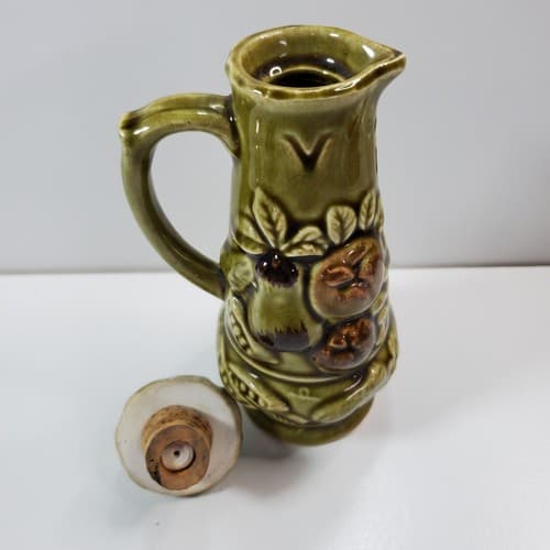 Vintage MCM Embossed Vegetables Fruit Green Vinegar Ceramic Cruet 6.25" Japan - Thumbnail 3