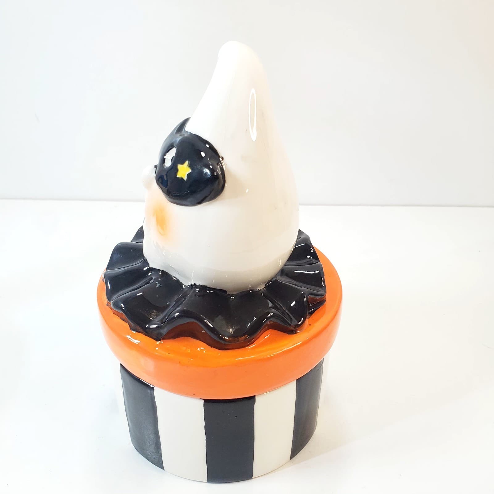 Halloween Striped Ghost with Mask Jester Ceramic Lidded Candy Dish Bowl Retro - Thumbnail 6