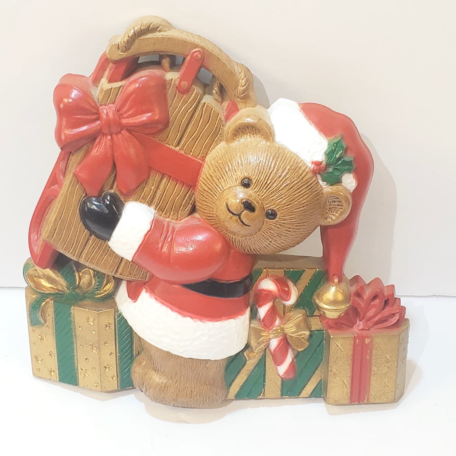 Vintage Burwood Homco Christmas Santa Teddy Bear Plaque 3286-2A USA 6 inch