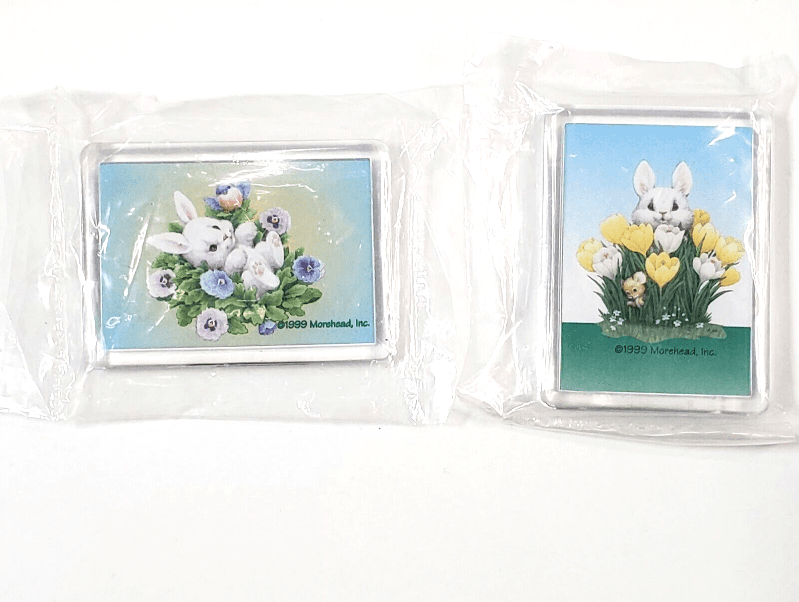 2 Vtg Refrigerator Magnets 1999 Morehead Inc Bunny Bird Flowers Easter Spring