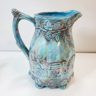 Vtg Signed Ceramic Turquoise Footed Pitcher Jug Raised Grapevine Camel Carriage - Thumbnail 3