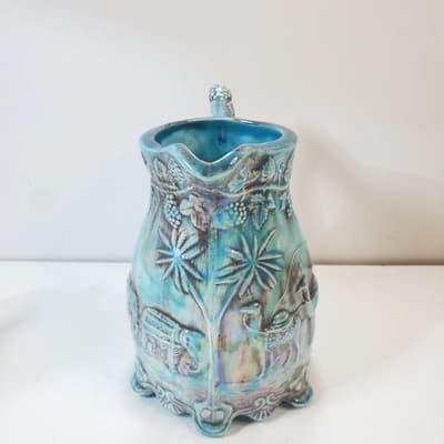 Vtg Signed Ceramic Turquoise Footed Pitcher Jug Raised Grapevine Camel Carriage - Thumbnail 2