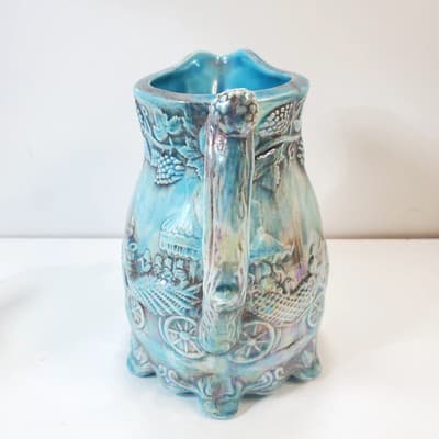 Vtg Signed Ceramic Turquoise Footed Pitcher Jug Raised Grapevine Camel Carriage - Thumbnail 4