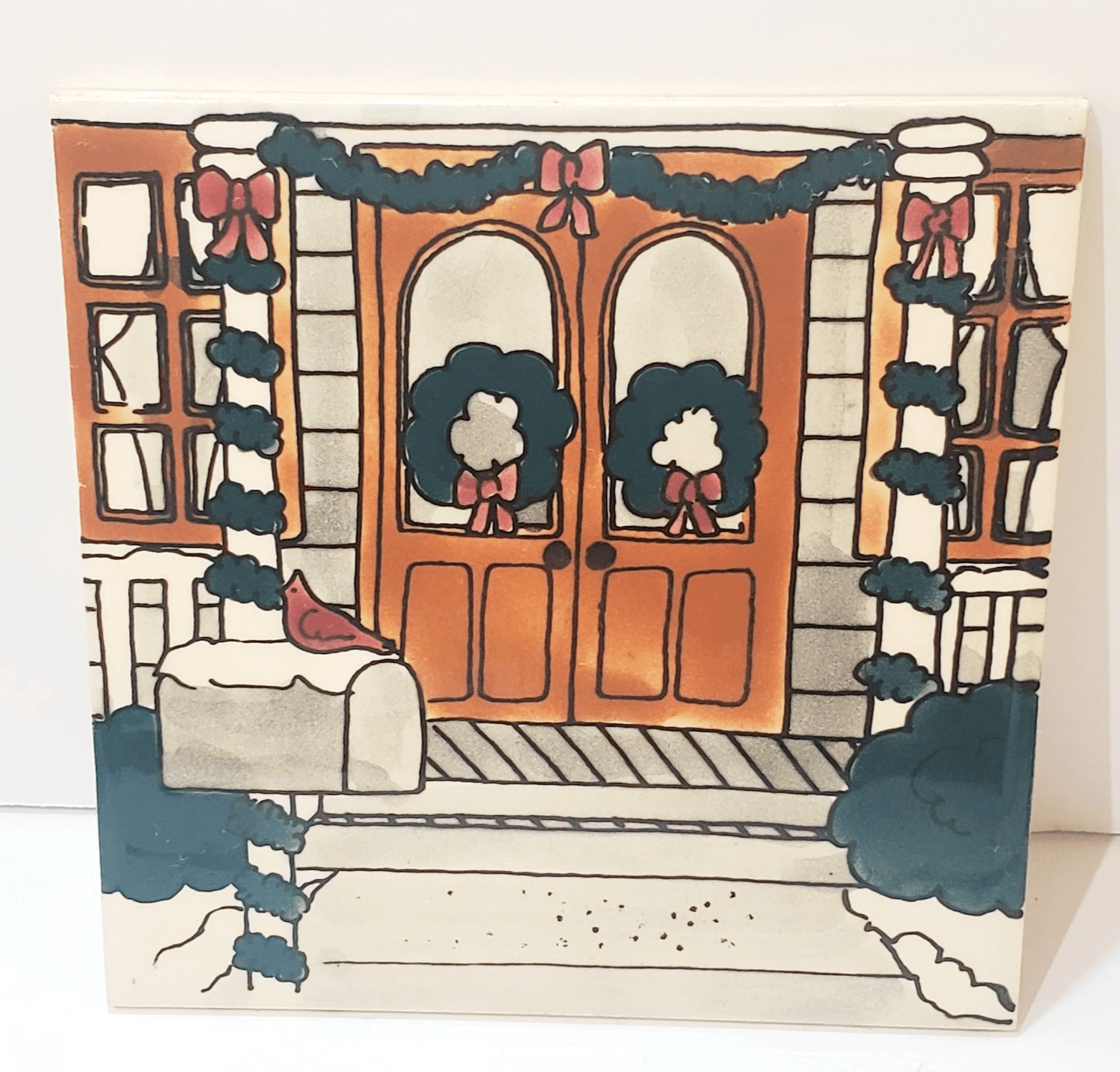 H &R Johnson Tile England Winter Day Christmas Decorated House Scene 6x6