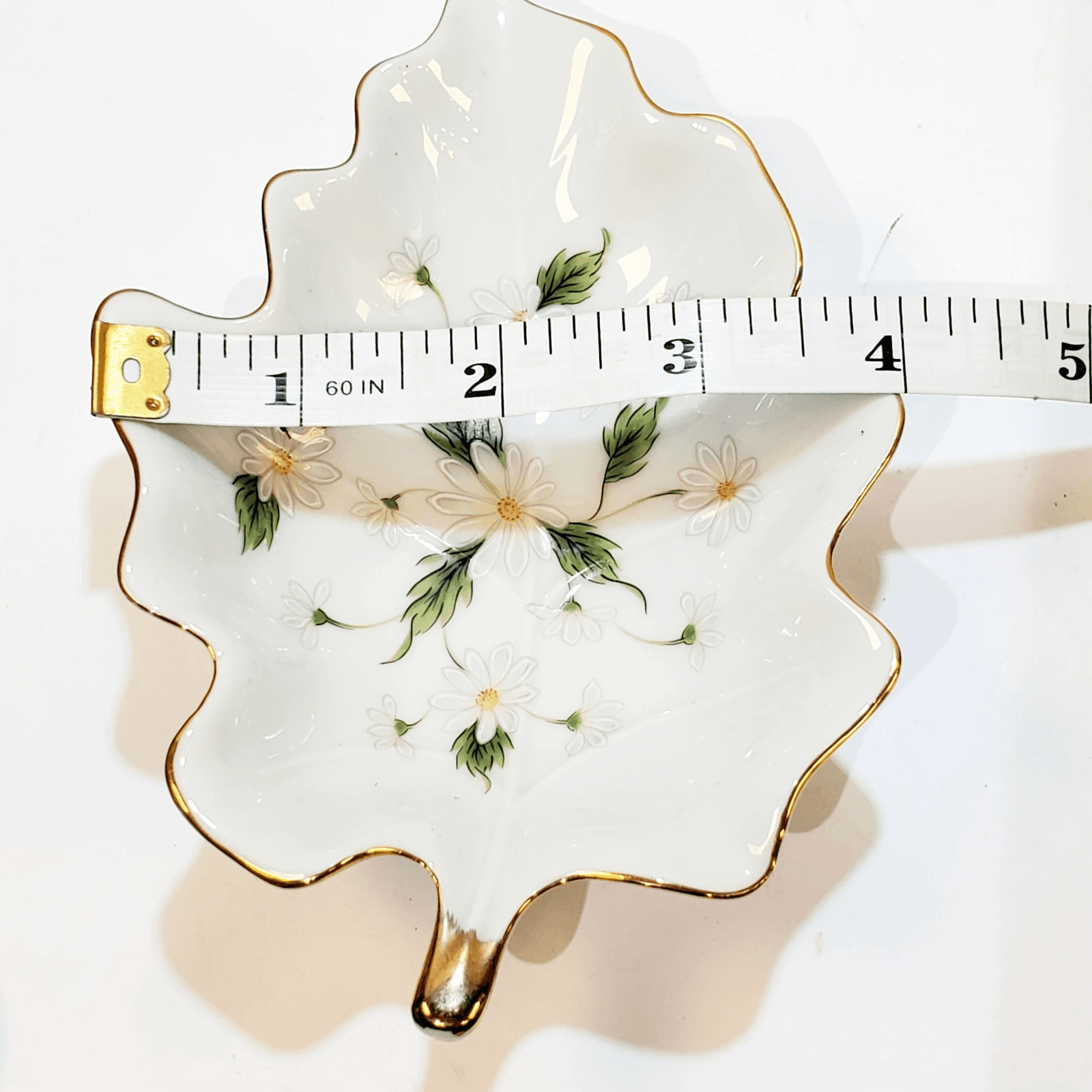 Vintage Lefton Hand Painted #8309 Leaf Shaped Daisy Trinket Dish Gold Trim - Thumbnail 6