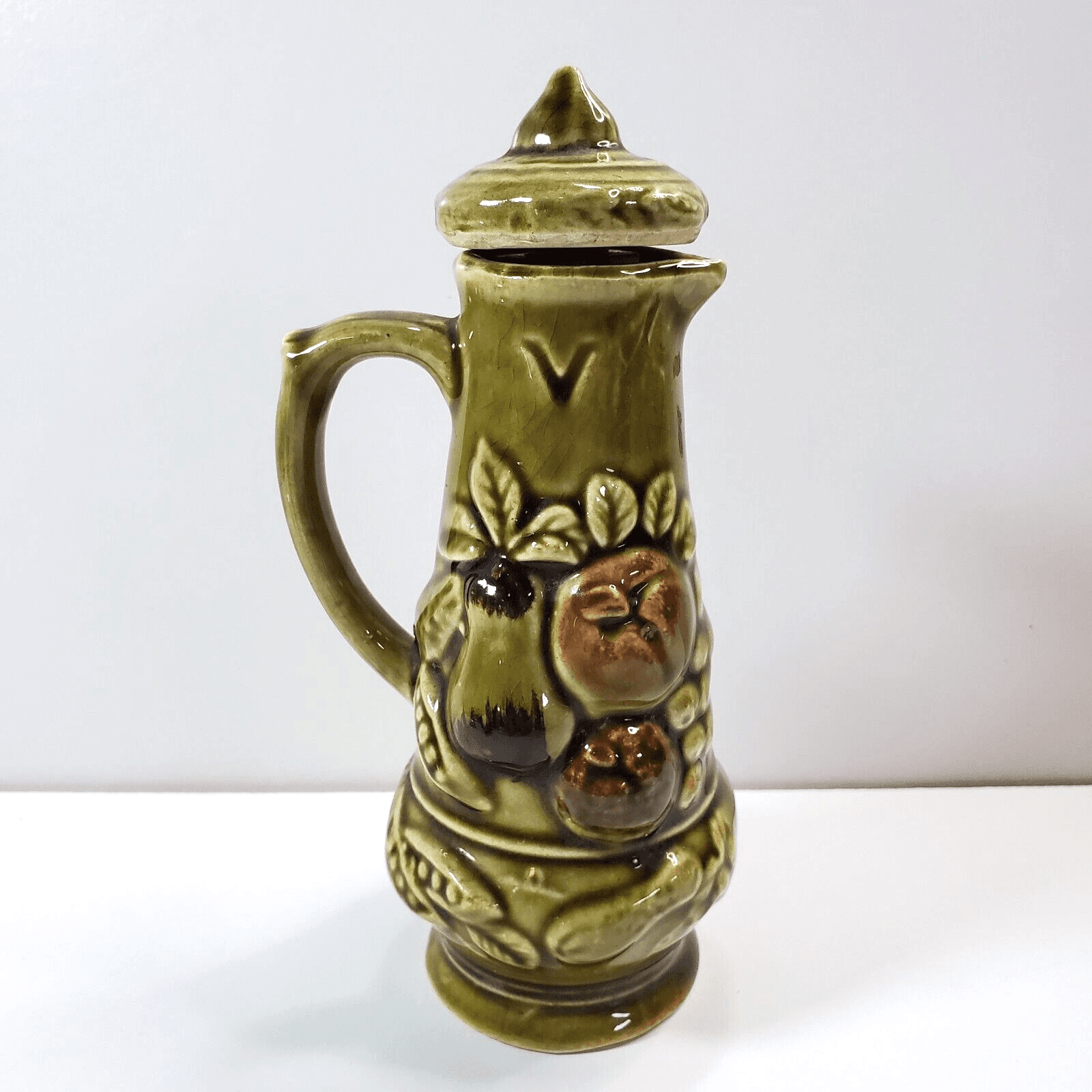 Vintage MCM Embossed Vegetables Fruit Green Vinegar Ceramic Cruet 6.25" Japan
