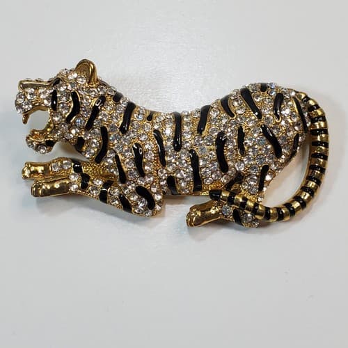 Vintage Large Gold Metal Black Enamel Clear Rhinestone Tiger Figural Pendant