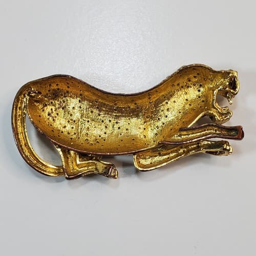 Vintage Large Gold Metal Black Enamel Clear Rhinestone Tiger Figural Pendant - Thumbnail 3