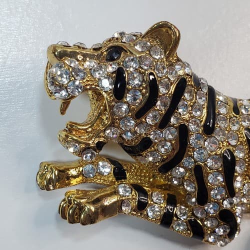 Vintage Large Gold Metal Black Enamel Clear Rhinestone Tiger Figural Pendant - Thumbnail 2
