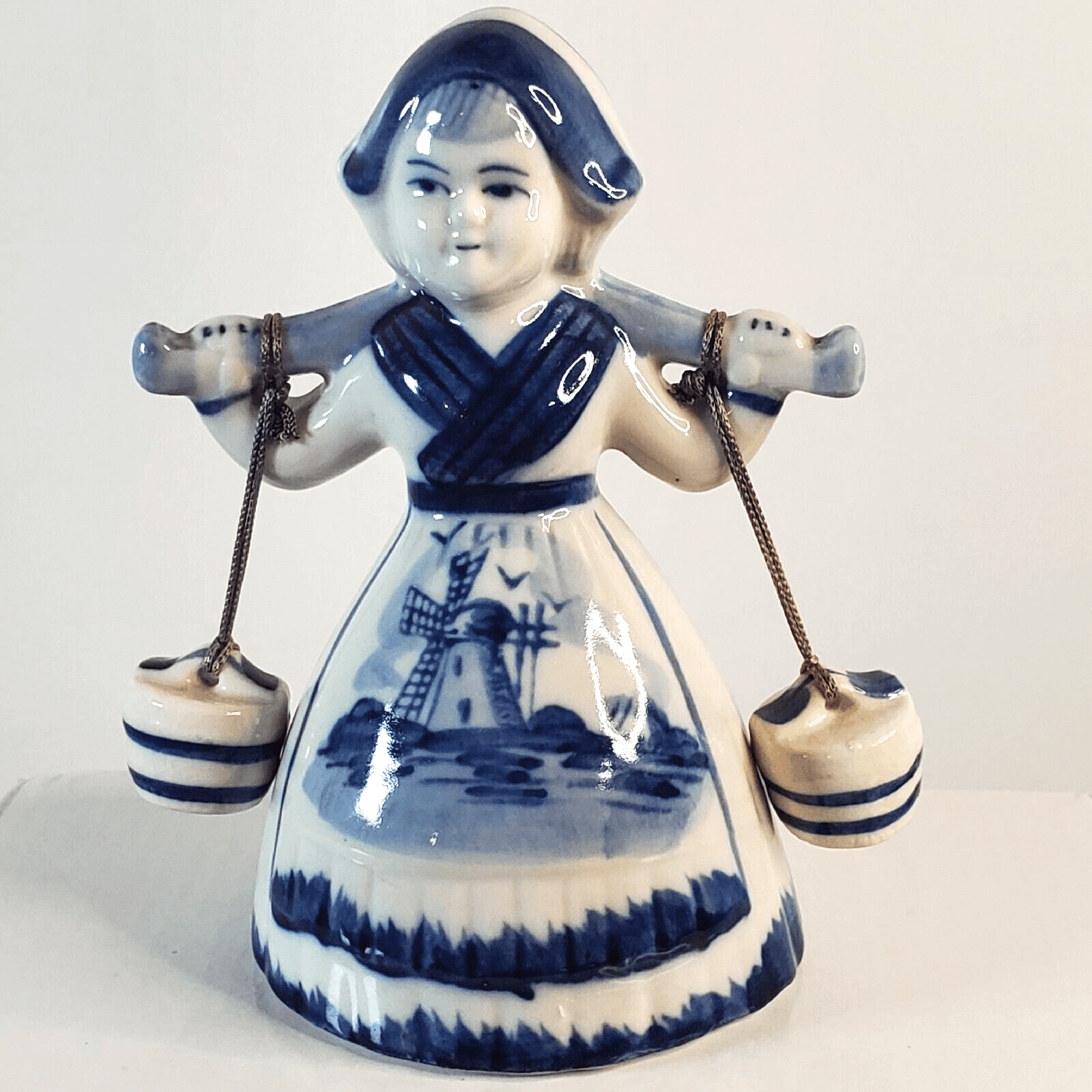 Vintage Delft Dutch Milk Maid Bell Figurine w/ Buckets copyright E.H.98.9828
