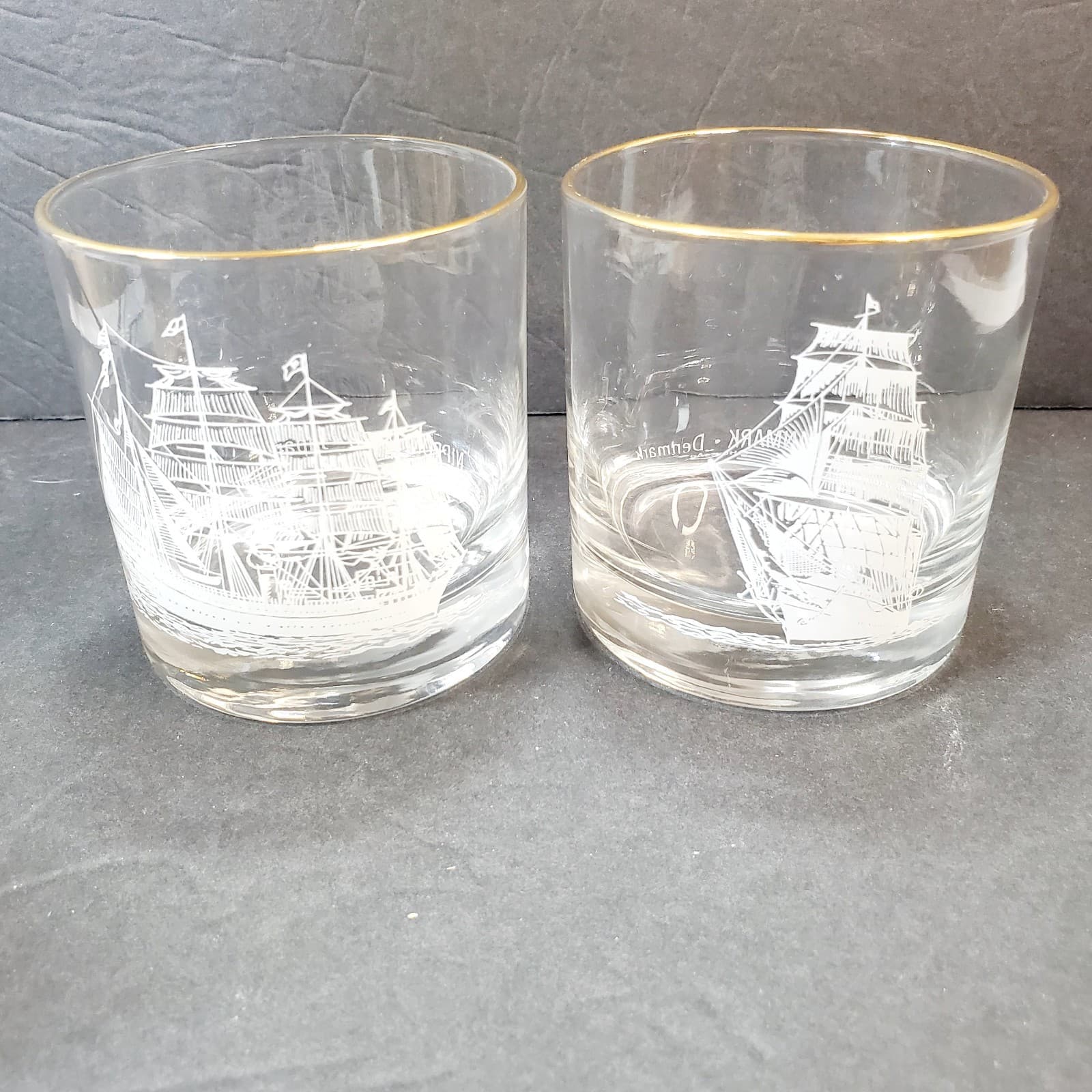 Vtg Set of 2 Houze Art Nautical Ship Clipper Whiskey Rocks Glasses 8 oz DK / JPN