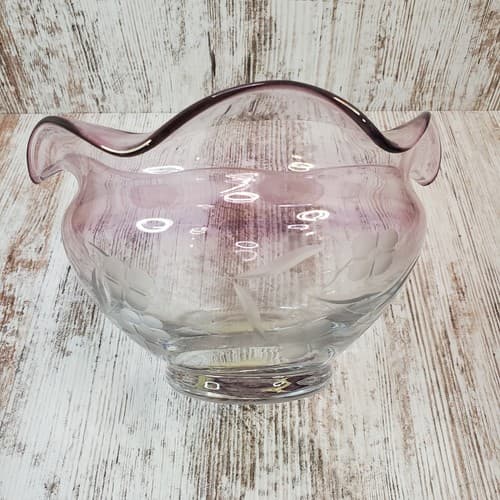 Lenox 7" Round Floral Spirit Crystal Etched Bowl Amethyst Scalloped Fluted Rim - Thumbnail 3