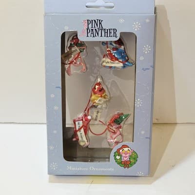 Vintage 2004 Pink Panther Miniature Christmas Tree Ornaments 5 Pack Box Set - Thumbnail 2
