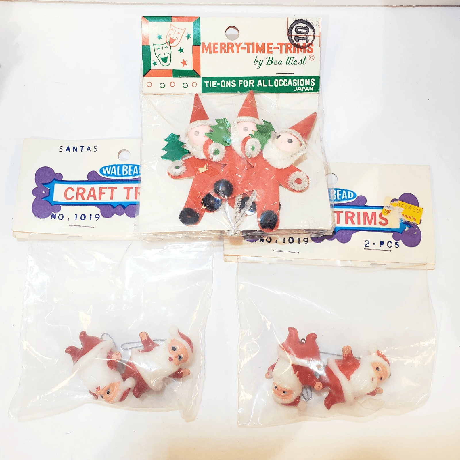 Vintage Lot of 3 pkgs Walbead & Merry Time Trims Christmas Santa Decorations