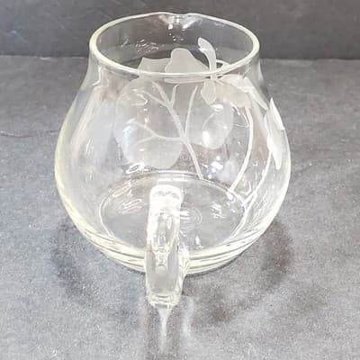 Vintage Clear Glass Creamer Etched Floral Flower Pitcher Botanical Marked sTc - Thumbnail 4