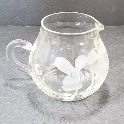 Vintage Clear Glass Creamer Etched Floral Flower Pitcher Botanical Marked sTc