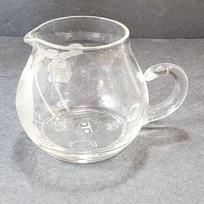 Vintage Clear Glass Creamer Etched Floral Flower Pitcher Botanical Marked sTc - Thumbnail 3