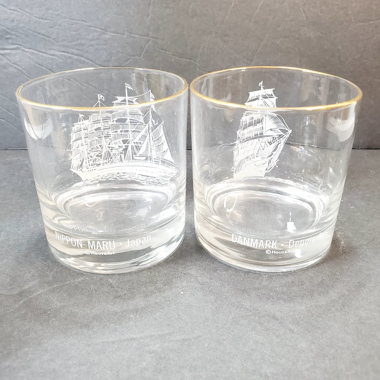 Vtg Set of 2 Houze Art Nautical Ship Clipper Whiskey Rocks Glasses 8 oz DK / JPN - Thumbnail 8