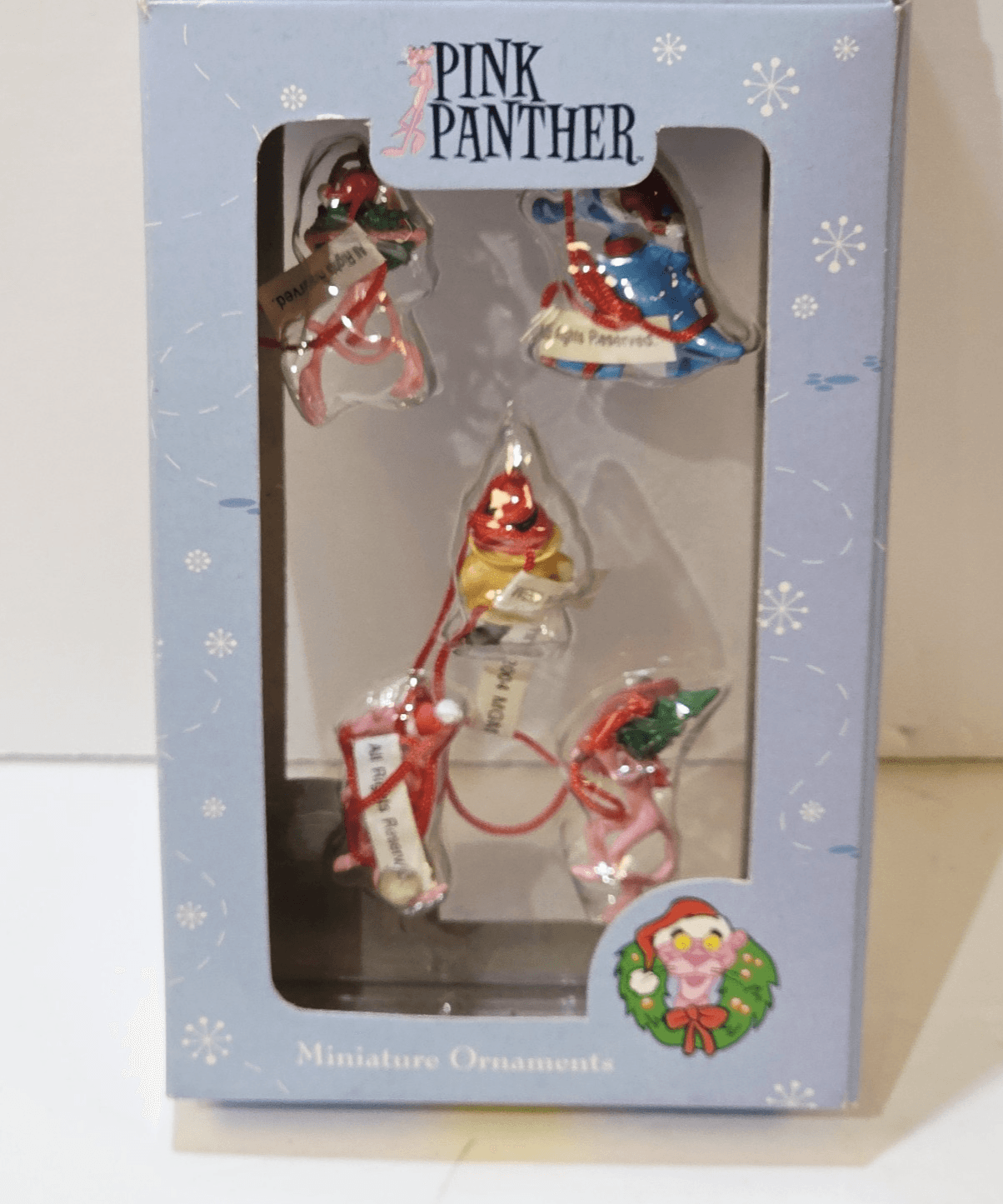 Vintage 2004 Pink Panther Miniature Christmas Tree Ornaments 5 Pack Box Set