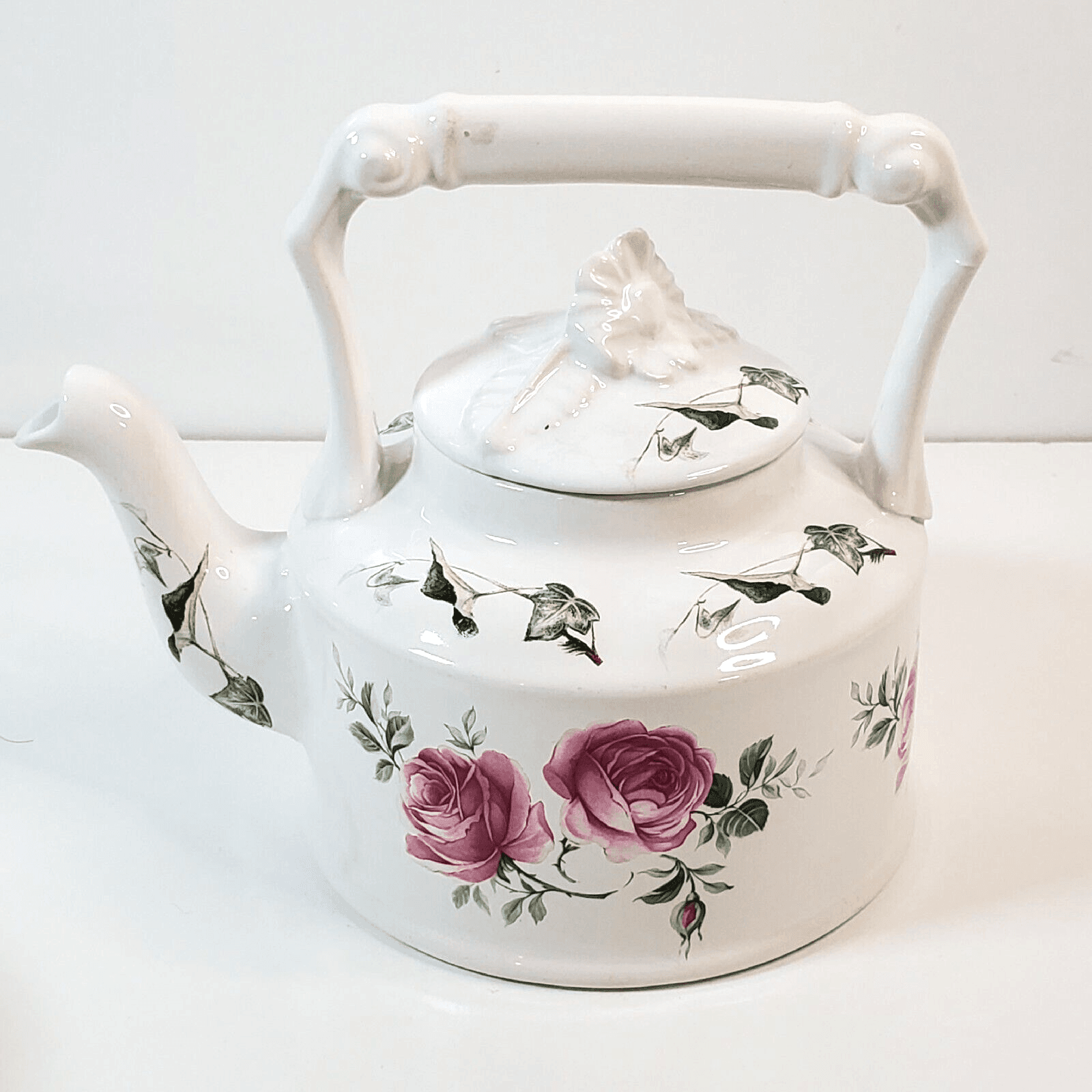 Vintage Arthur Wood England Floral Print Pink Roses Green Ivy White Teapot 6426