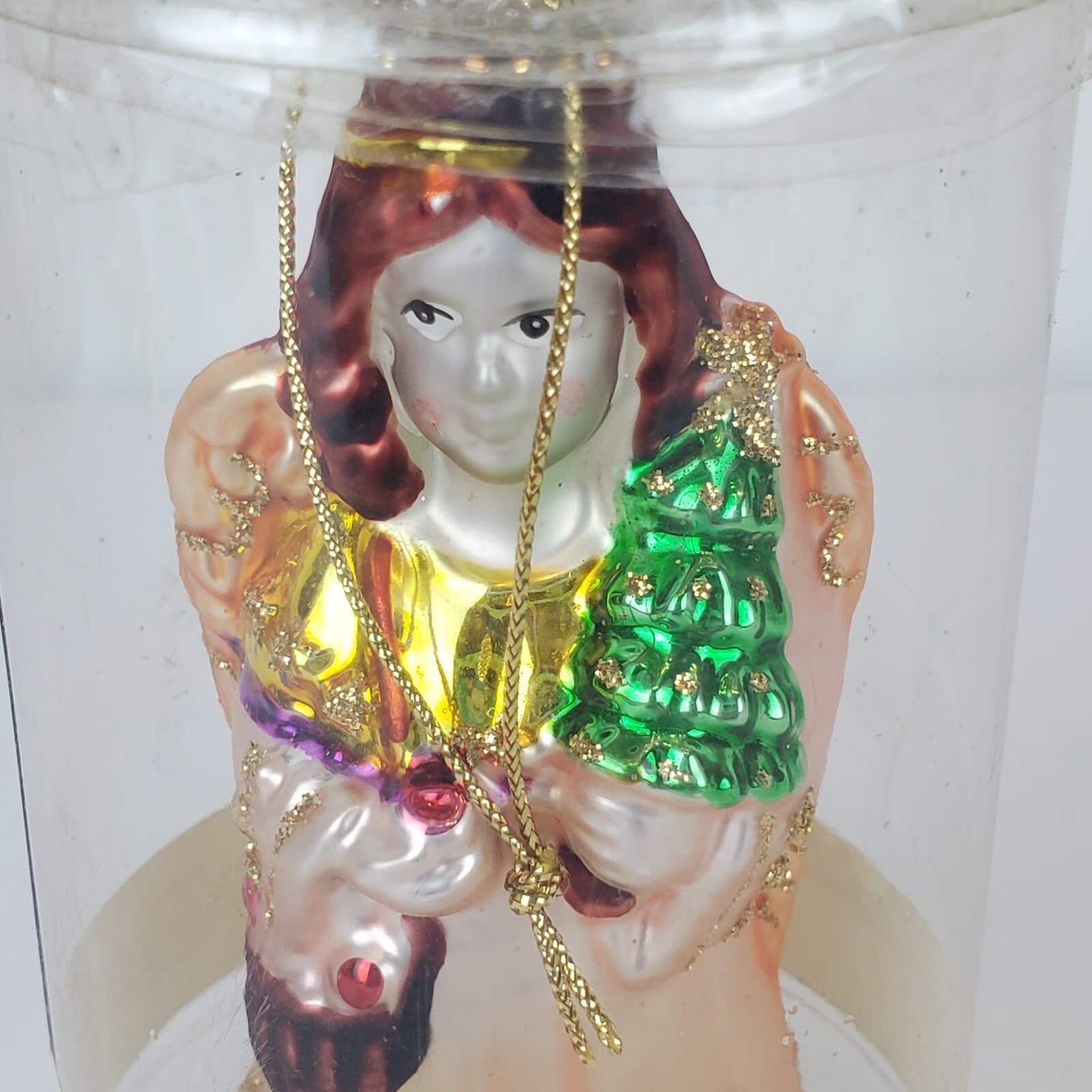 Vintage Christmas House Hand Painted Blown Glass Angel with Tree Ornament - Thumbnail 2
