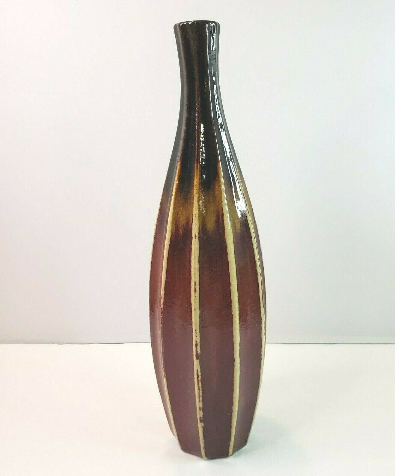 Studio Art Pottery Earthenware Vase Ribbed Glazed Brown Tan Greenish Unmarked