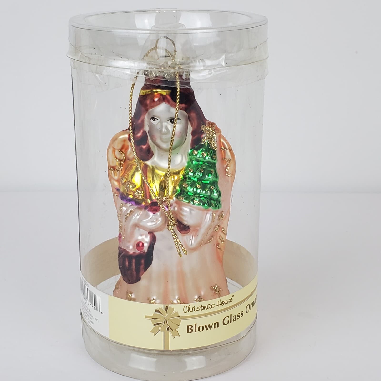 Vintage Christmas House Hand Painted Blown Glass Angel with Tree Ornament
