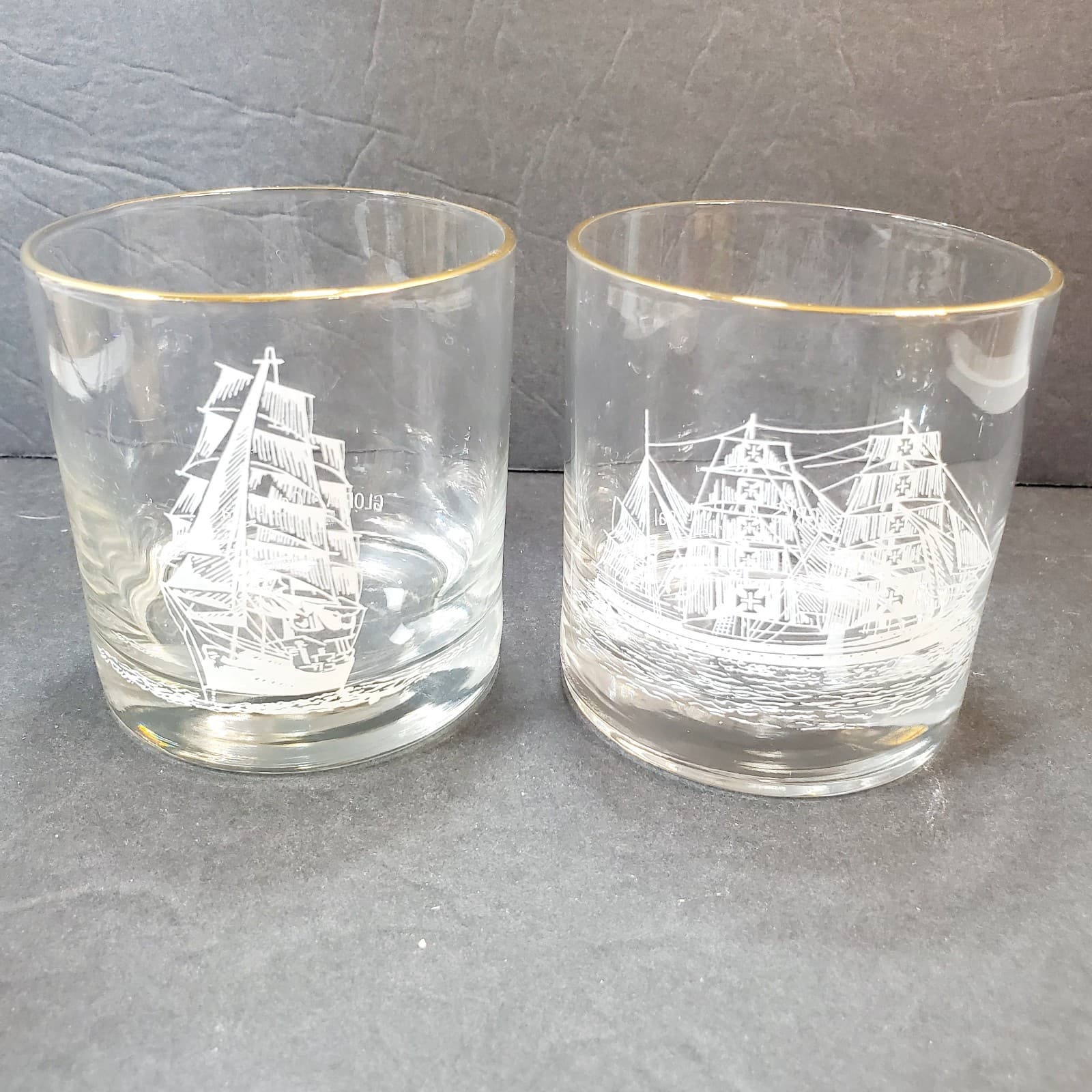 Vtg Set of 2 Houze Art Nautical Ship Clipper Whiskey Rocks Glasses 8 oz PT / COL