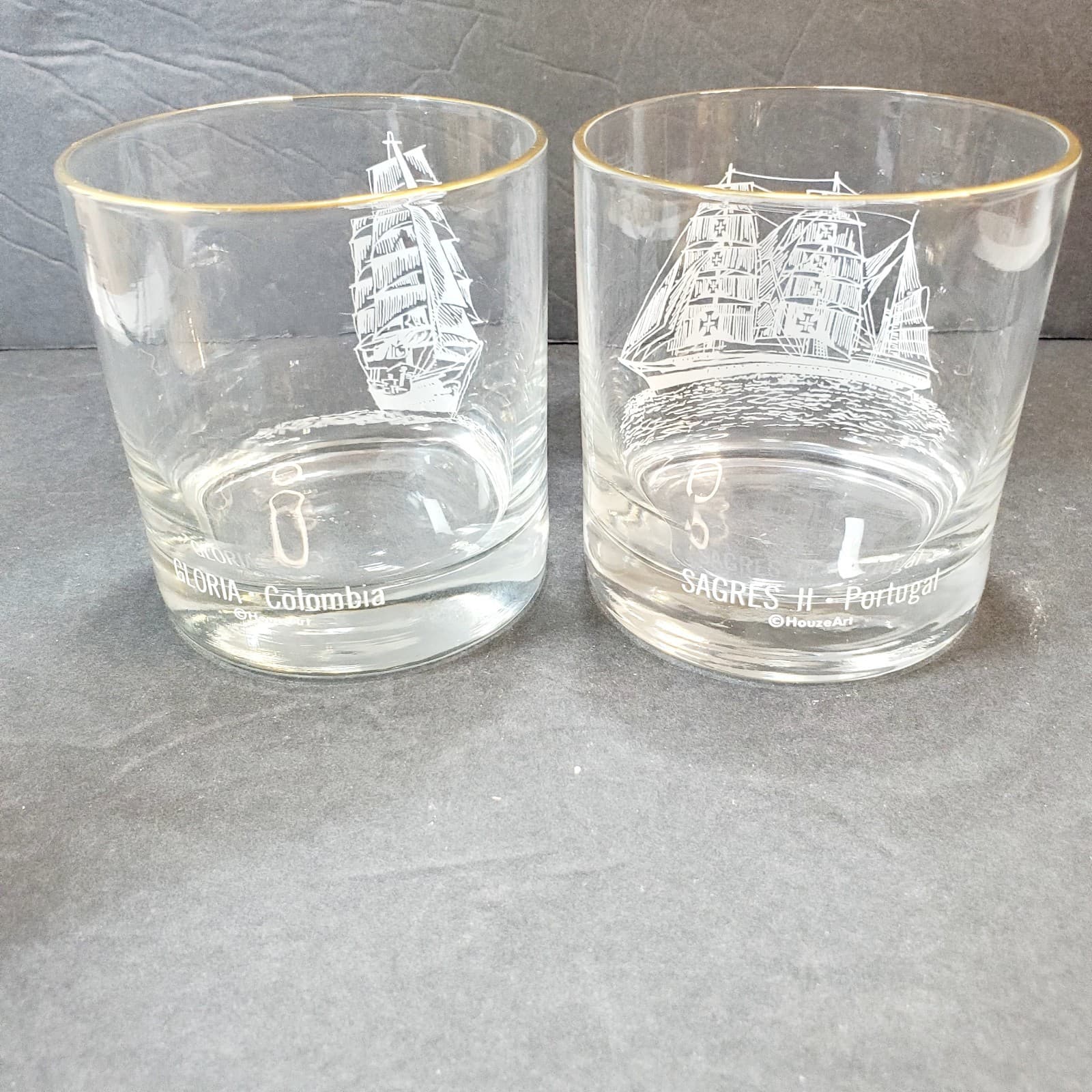 Vtg Set of 2 Houze Art Nautical Ship Clipper Whiskey Rocks Glasses 8 oz PT / COL - Thumbnail 6