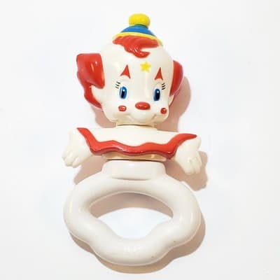 Vintage LHPC Clown Plastic Rubber Baby Rattle 1990's Kitsch Red & White