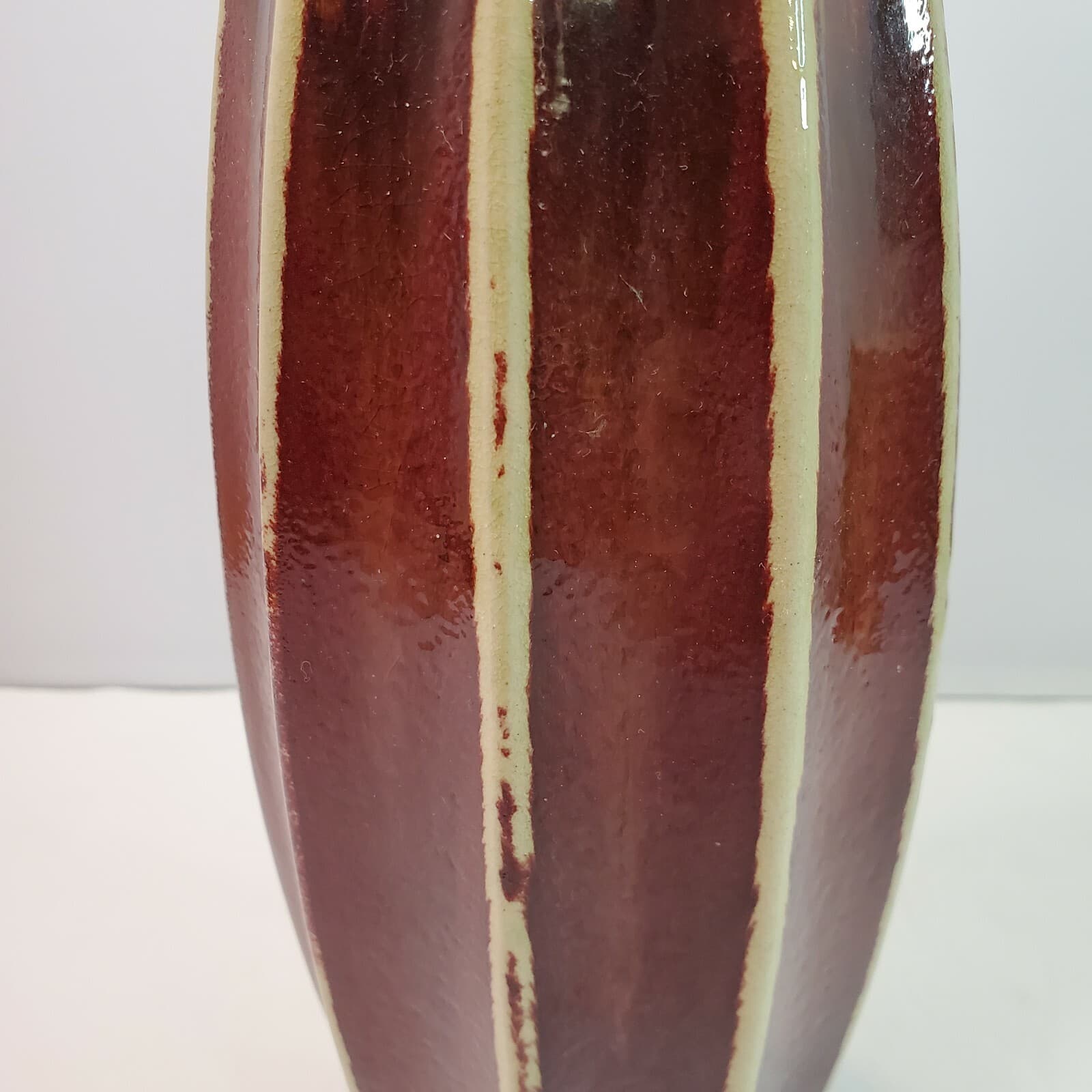 Studio Art Pottery Earthenware Vase Ribbed Glazed Brown Tan Greenish Unmarked - Thumbnail 2