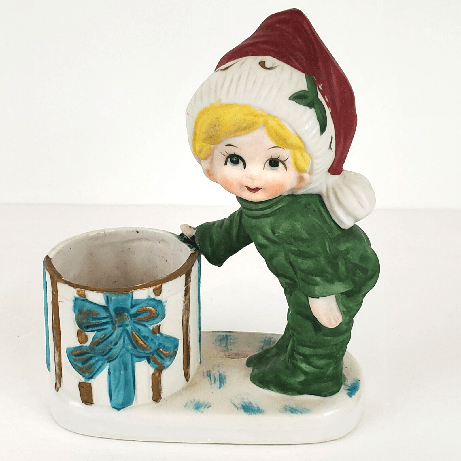 Vintage 1978 Jasco Christmas Luvkins Child Santa Hat Green Pajamas Candle Holder