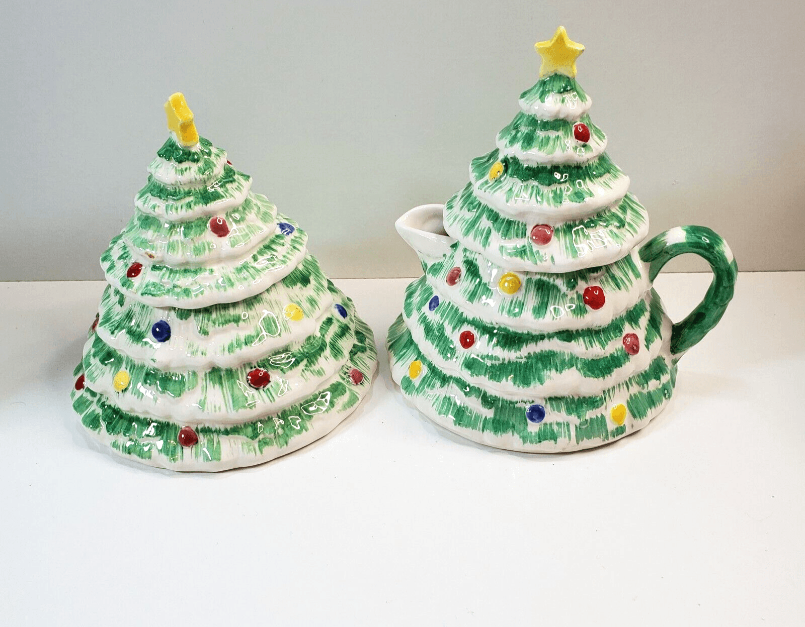 Vintage Christmas Tree Shaped Creamer and Sugar Bowl by Sigma Tastesetter 1983