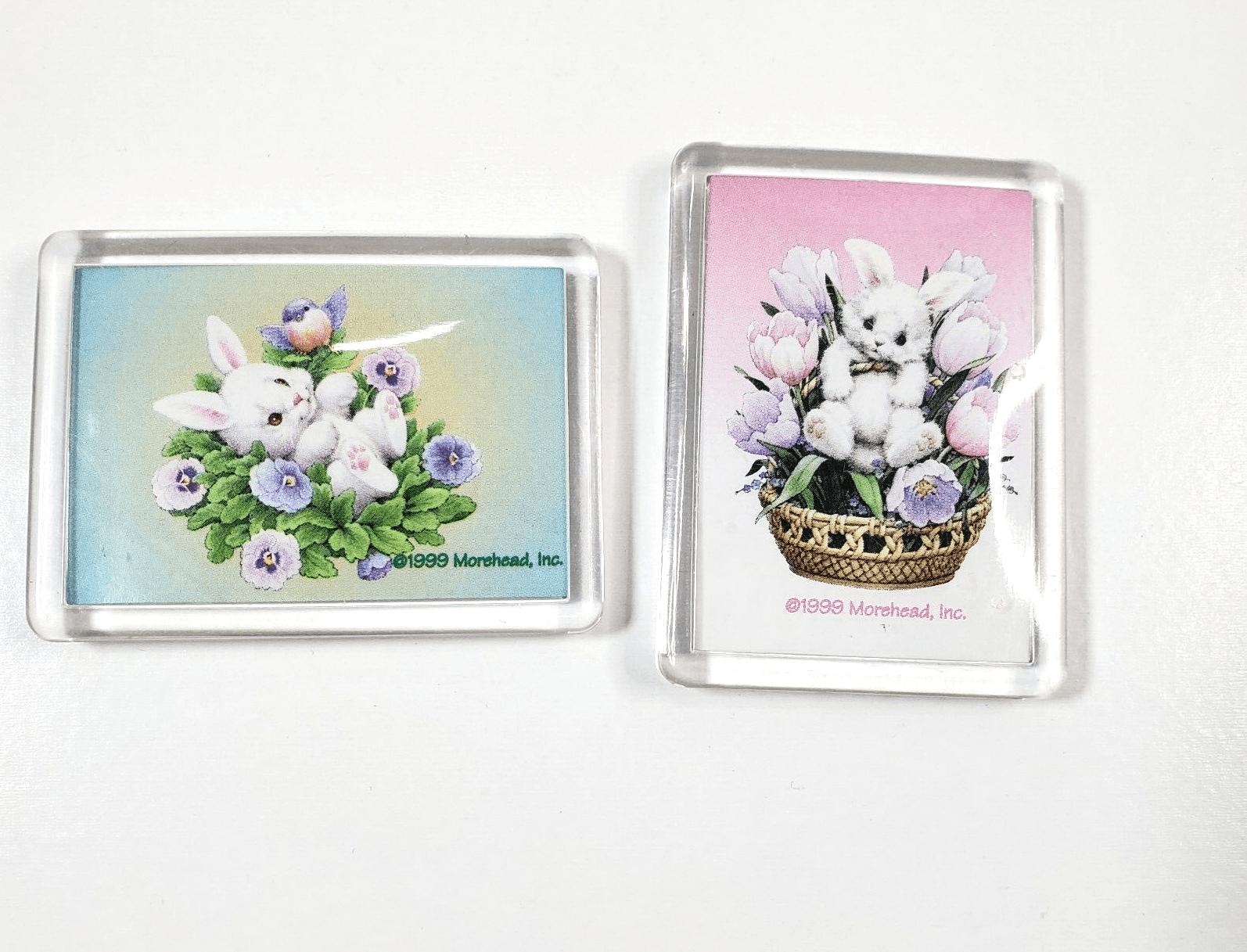 2 Vintage Refrigerator Magnets 1999 Morehead Inc Bunny Flowers Easter Spring